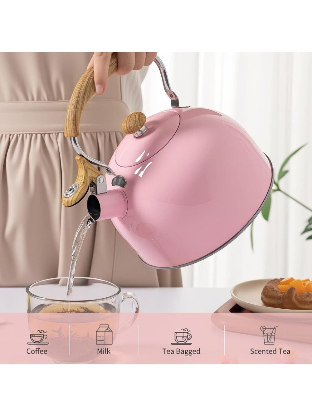 Pink Kitchen Whistling Tea Kettle 2.5 Quart Stainless Steel Wood Folding Handle - Picture 6 of 6